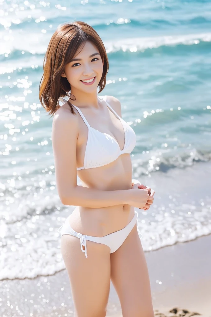 Beautiful woman, Japanese announcer, ((white bikini)), looking us, and little smiling, walking on the beach, (full body shot), incredibly detailed face, incredibly detailed beautiful eye, ((double eyelid)), glossy lips, ((focus on face)), ginger drill shorts hair, slender body, masterpiece, beautiful legs, high quality, best quality, highly detailed, insanely detailed, 8K