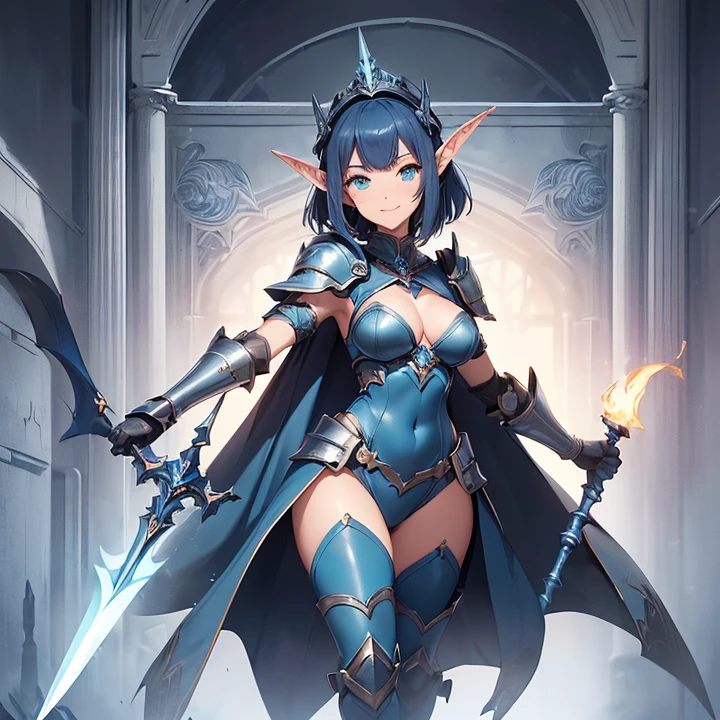 masterpiece, best quality, mature woman, elf, dark blue hair, 80's, smiling, medium breasts, exposed thighs, exposed navel, exposed arms, bikini, big shoulder pad, gloves, cinnamon height boots, can dynamic, in a stone dungeon, dark, nocturnal setting, fantasy, medieval, water magic, well detailed brightness.