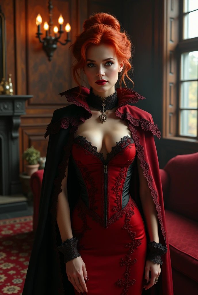 Craft a professional photoshoot highlighting the beauty of a slender woman with red hair and green eyes, elegantly adorned in a red and black corset, set against the backdrop of a lavishly decorated Victorian bedroom.