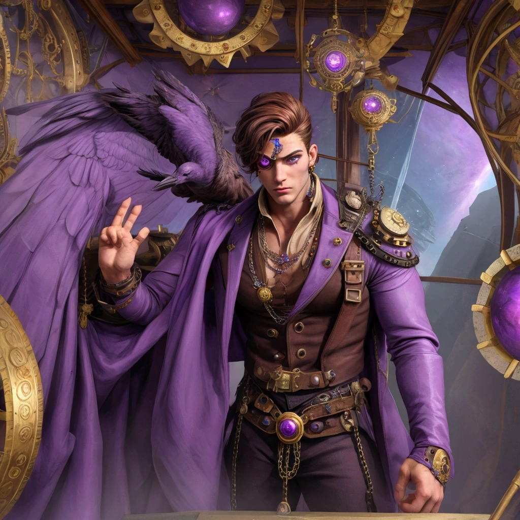 Young adult giant muscle man purple eyes brown hair dressed as nobleman with eye patch Steampunk in purple spaceship with a raven on shoulder precious stones eye coins jewelry pearls planet jupiter 