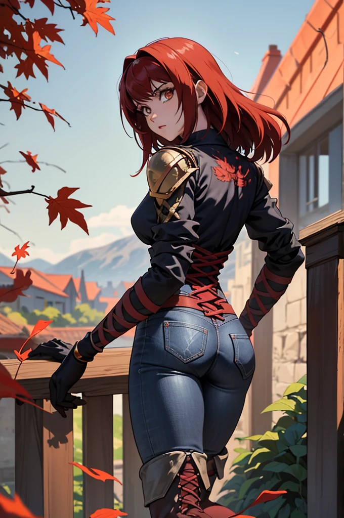 Create a full-body anime-style image of a 20-year-old human female named Sylara Stormblade, seen from behind. she has a lot of time, straight red hair and athletic build. Sylara wears studded armor on her upper body.., Dark blue skinny jeans, and tall red lace-up boots. In front of her, There are students in various fencing poses, indicating that he is giving a class. The setting is an autumnal outdoor medieval training camp, rich in warm, fallen leaves, earthy colors.