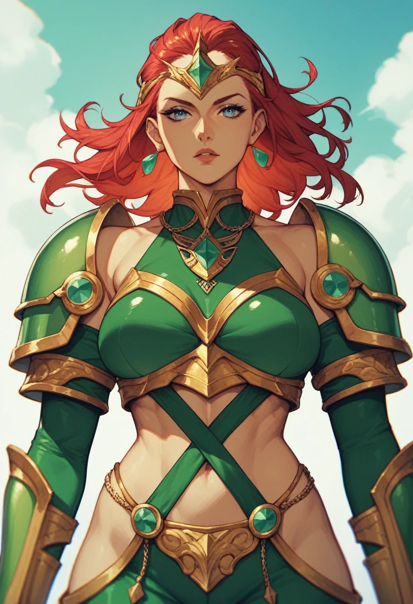 Mera, queen of atlantis, mature face, red hair, golden face-framing headpiece, green scaled bodysuit, leg fins, green boots