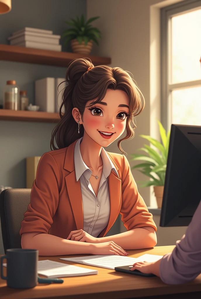 brunette woman, with a water green blouse and dark green pants with a smile and a ponytail hairstyle , stop at an office