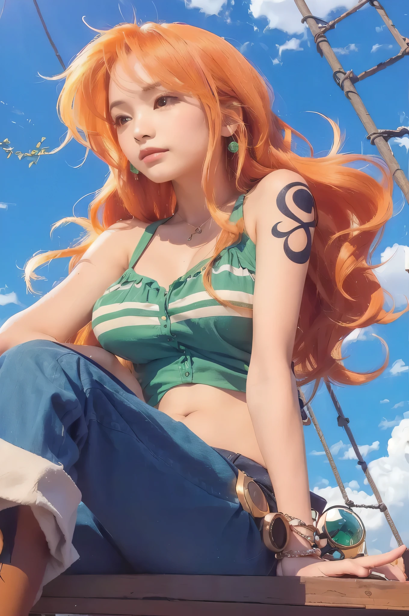 nami \(one piece\),
1girl, bangle, bangs, bare shoulders, belt, bikini, bikini top only,  bracelet, breasts, brown eyes, bubble, cleavage,  denim, earrings, floating hair, green belt, green bikini, groin, jeans, jewelry, large breasts, long hair, looking at viewer, navel, orange hair, pants, shoulder tattoo, sidelocks, sky, smile, solo, stomach, swimsuit, tattoo
, ((masterpiece))