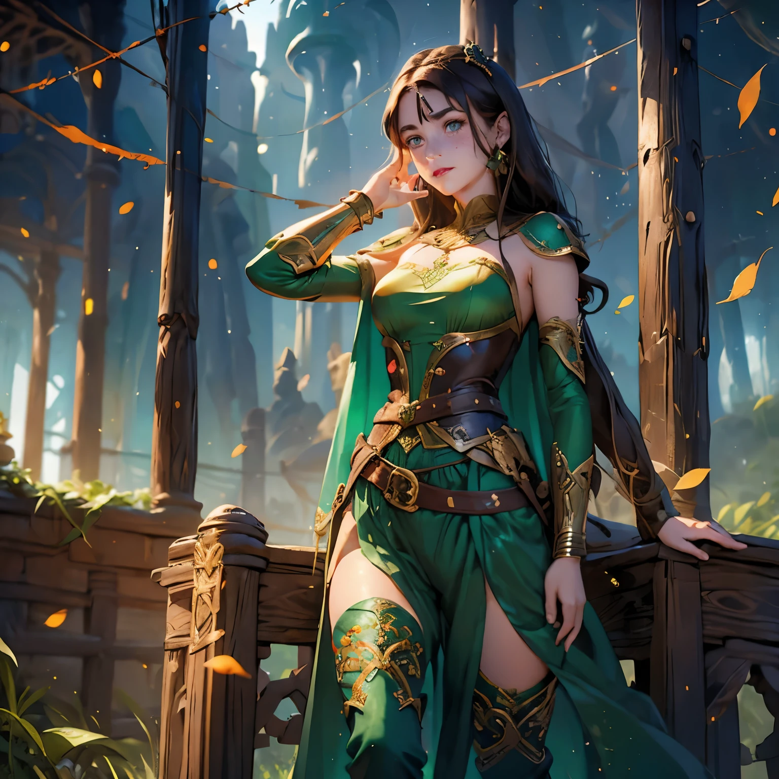 A female warrior princess, with shiny, semi-short dark brown hair, Bright and magical emerald green eyes, Red lips, Rosy cheeks and freckles on the nose, cold and arrogant attitude, with a loose shirt and tight-fitting trousers up to the waist, long boots