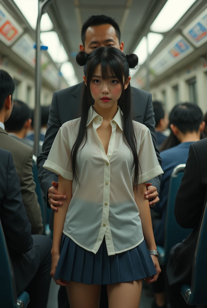 ((of the highest quality, 8k, RAW Photos, masterpiece :1.3)), (realist、realist:1.37)、Very detailed、ultra high resolution, (Professional lighting), ((from above:1.2)),((Full body photo)),small breasts、perfect face、Beautiful expression、beautiful face、pretty eyes、1 high school girl、beautiful girl、beautiful black hair、(not good、schoolgirl uniform、button down shirt:1.2、off the shoulder、Pleated mini skirt、pale pink lace panties)、(Inside a crowded train with sunlight coming in、A chubby middle-aged Japanese man hugs a high school girl from behind on a train)、((((A middle-aged man standing behind a woman.、the man reaches out his right hand and touches the woman'upper part.:1.3、the man'The left hand is touching the high school girl.'his private parts with his fingers.:1.2、button down shirt:1.2))))、caress、fear expressions、blush、the man has a vulgar look、man squeezing the front of a woman's upper shirt,hugging girl from behind.Natural lighting, (direct light:0.4), 8mm film grain, photographed on a Sony a9 II, 24mm lens, f/2.8 aperture, Deep focus,