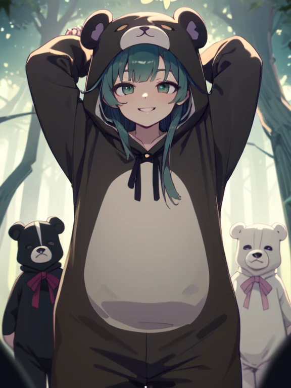 beautiful, (masterpiece), best quality, (extremely detailed face), extremely detailed eyes,  perfect lighting, OverallDetail, detailed, deep skin,textured skin,
,bear costume ,black bear costume, long sleeves, hood up,,mallow , long hair, green eyes, big smile,on bed ,stand,
,forest, arms up