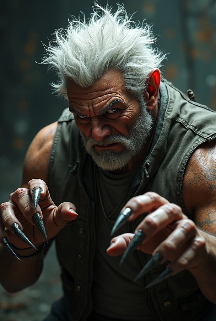 Photorealistic photography,Dirty,Old man,Gray hair,focus on eyes,The python winds around a few times,The snake scales are clear,50 mm f/1.4,HDR masterpiece,Dramatic lighting,Epic,Hair in the wind