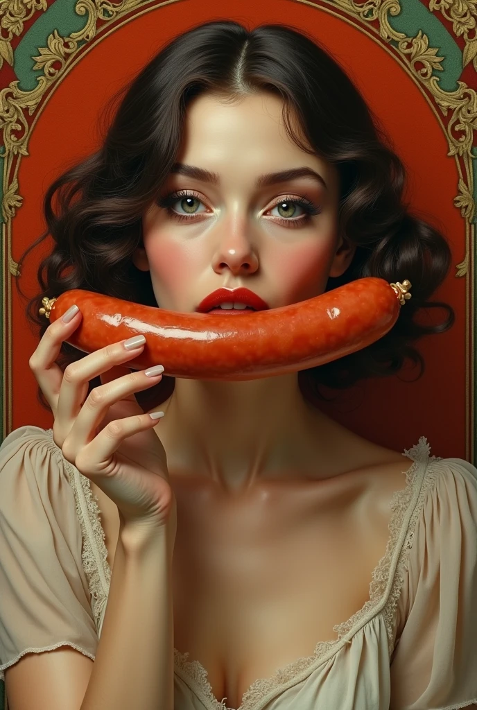 a sick woman with a big sausage in her mouth