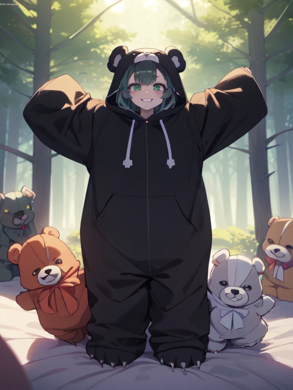 beautiful, (masterpiece), best quality, (extremely detailed face), extremely detailed eyes,  perfect lighting, OverallDetail, detailed, deep skin,textured skin,
,bear costume ,black bear costume, long sleeves, hood up,,mallow , long hair, green eyes, big smile,on bed ,stand,
,forest, arms on legs, leans forward, ((love))