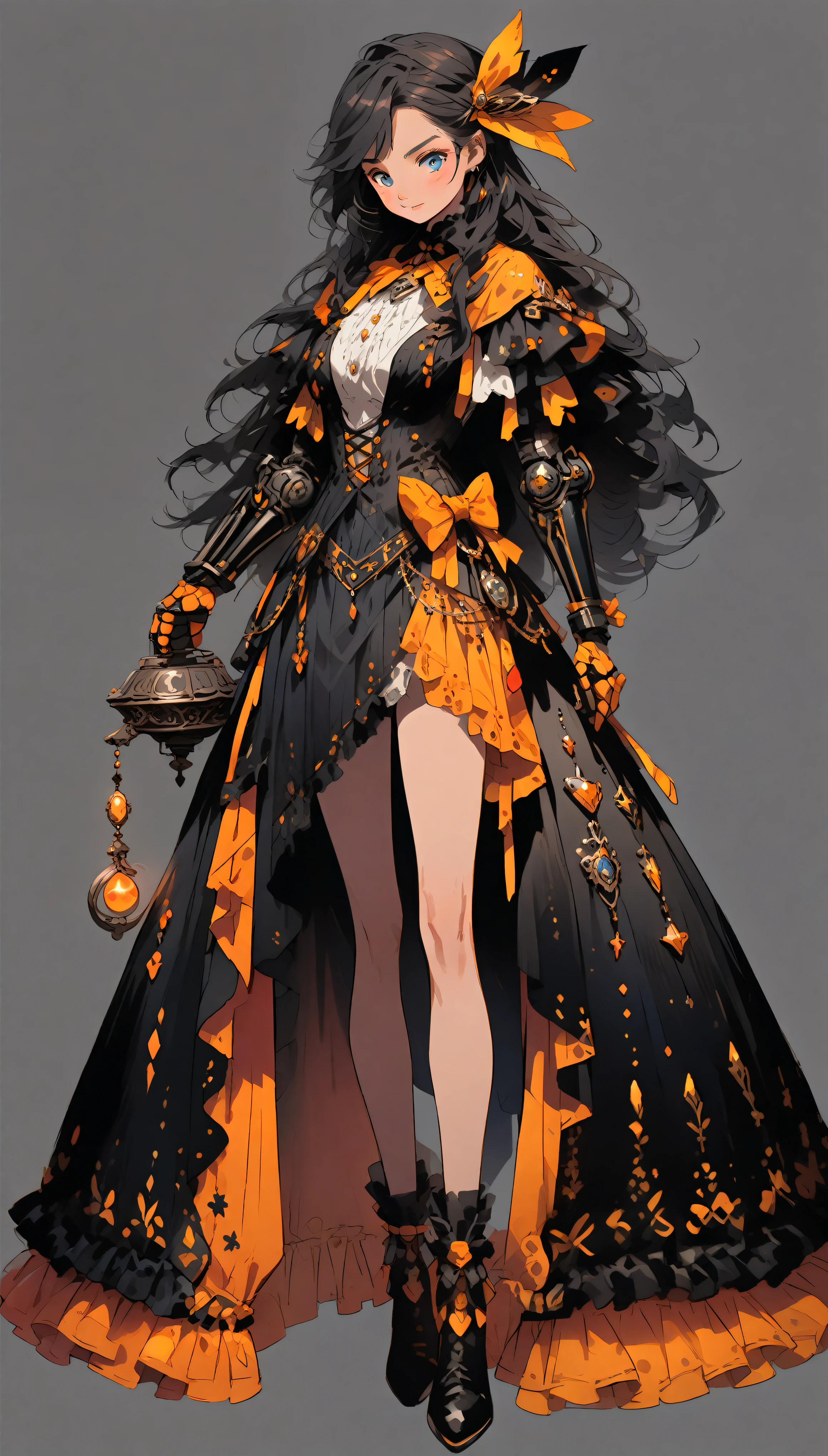 anime, concept art, design character, beautiful feet, beautiful legs, full length, nice legs, big boots, rifle in hands, magician, witch, beautiful witch, beautiful magician, strong legs, strong girl, ((warrior girl)), (((prosthesis:1))), lots of detail, detailed, very detailed, detailed dress, lots of frills, beautiful prosthesis with details, dark colors, dark setting,