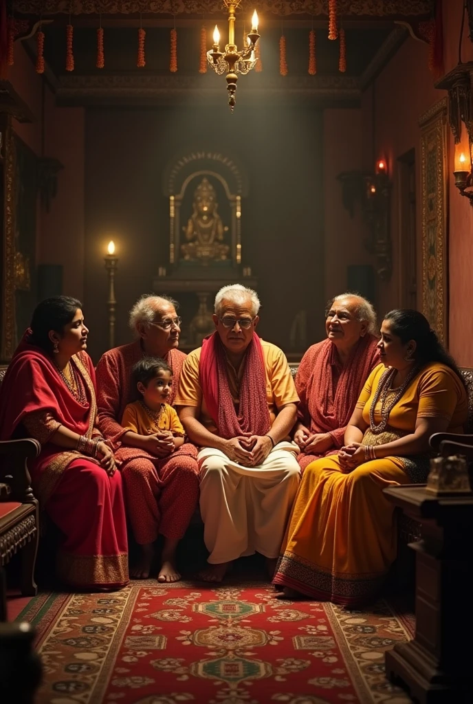 An indian hindu family (including a women wearing saree , a man his husband and children ) worshipping the great scientist James clerk Maxwell . The portrait of maxwell should be black and white.