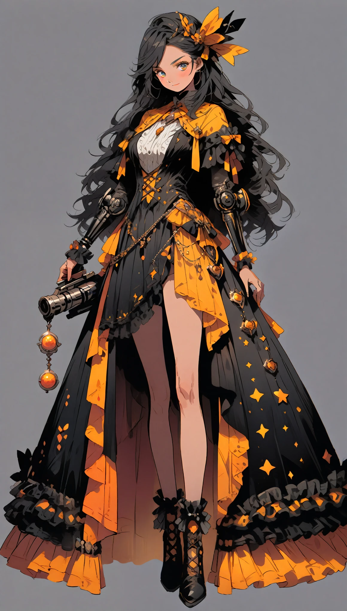 anime, concept art, design character, beautiful feet, beautiful legs, full length, nice legs, big boots, rifle in hands, magician, witch, beautiful witch, beautiful magician, strong legs, strong girl, ((warrior girl)), (((prosthesis:1))), lots of detail, detailed, very detailed, detailed dress, lots of frills, beautiful prosthesis with details, dark colors, dark setting, 
