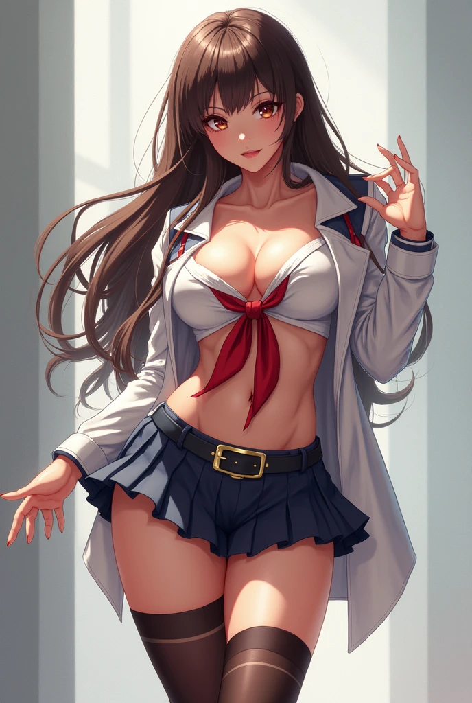 Photorealistic, Show from the hips to the shoulders, fatness, girl,Woman,Female, young,20 years old, absurdly long hair, messy long hair, beautiful detailed cold face, Seductive smile, beatiful detailed eyes, Cavage of logs, Navel, White skin, highleg, Detailed ice, absurderes,High Art, Ridiculous resolution, High resolution, (masutepiece:1.4), super detailed, 1 Awkward Girl, Smooth skin, shiny milky skin, Colossal tits, Big ass , venusbody, doress、thick juicy thighs, --v 6