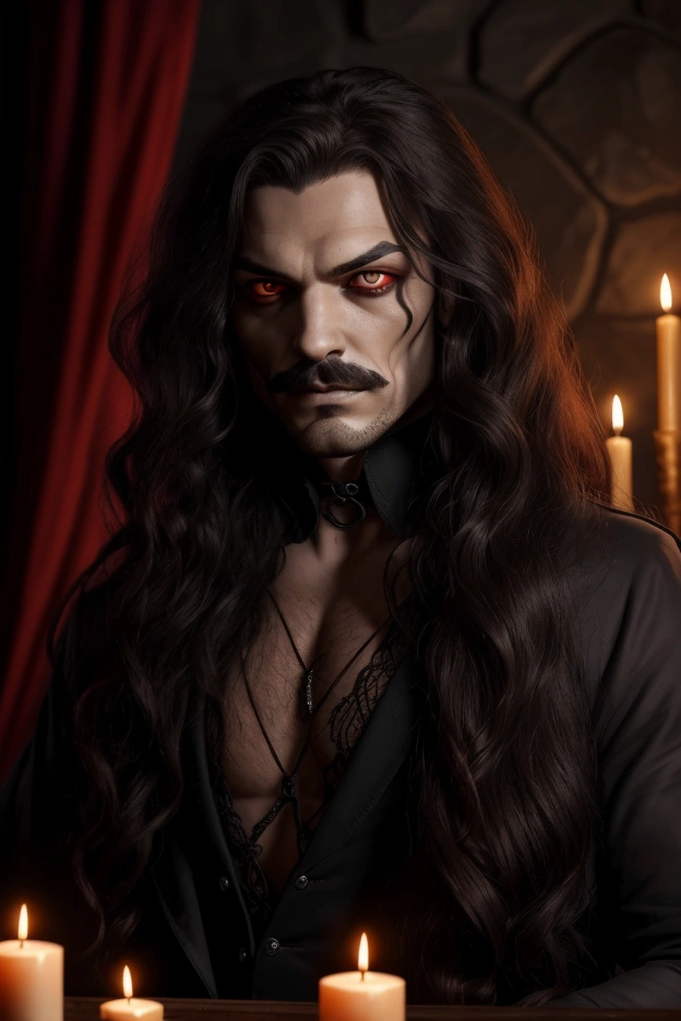 image of a vampire with long hair, curly hair, where the ends on the right side are discolored. He has a well-groomed moustache., and he is in a dark and mysterious environment, with dim lighting and deep shadows. The vampire has a mysterious expression on his face and a piercing gaze, with red eyes and no pupils., with barely visible teeth. The background should be a mix of gothic and dark elements.., Like stone walls, heavy curtains and flickering candles.
