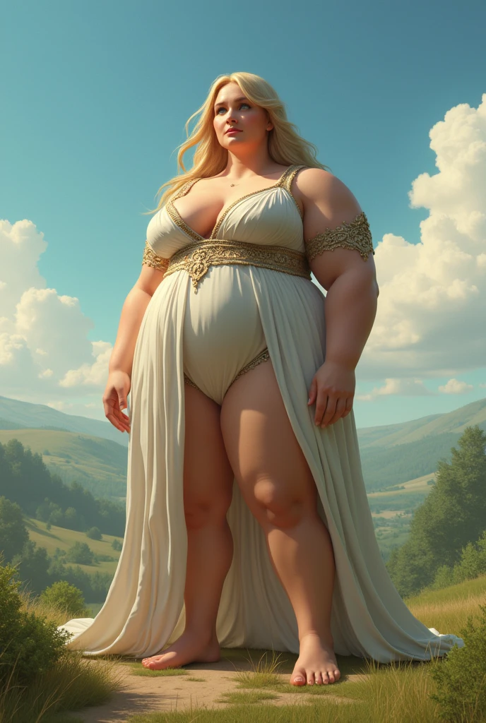 Full body of blonde Scandinavian goddess, elsa hosk face, huge breasts, white silk dress with deep neckline, barefoot, amber necklace, light blue eyes, golden blonde wavy hair, Red lips, seductive look, volumetric lighting, realist, meadow background, thick thighs, muscled body, jewelry, realist, raw, analogous thing, women, photorealist, analogous thing, Realism, 