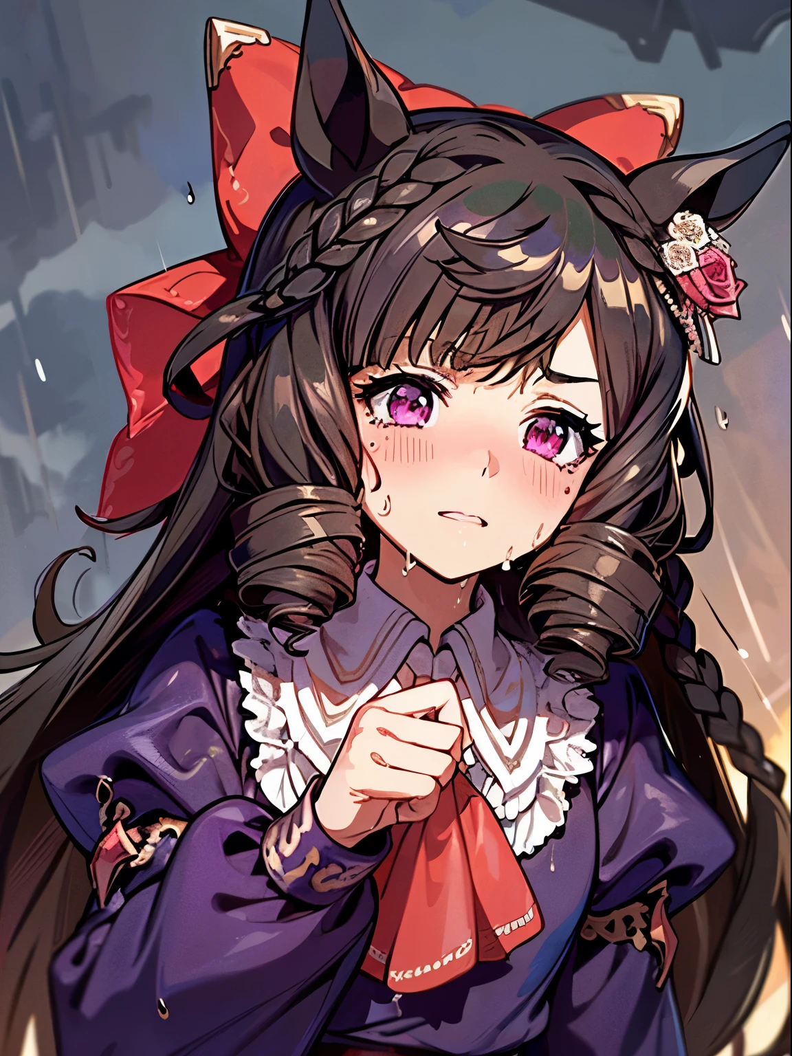 1 girl, Solo, Cute Girl,Best Quality, Ultra-detailed, 8K, High resolution, detailed face, madeon, horse ears, purple dress, puffy sleeves, long sleeves, ascot, (sweat, wet hair, wet clothes), in the rain,