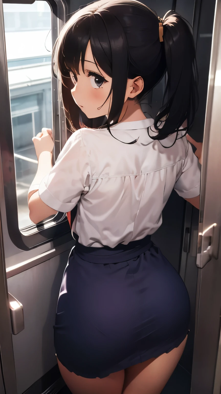 8k, High resolution, Highly detailed face, Super-exquisite eye masterpiece, highest quality,Big Breasts、blush:1.4,Big Ass、A  girl with a beautiful face、Thighs、(Thighsに、 from behind on the waist:1.2, Ejaculating from above on a skirt:1.4)、Sticking her butt out to viewers on the train、