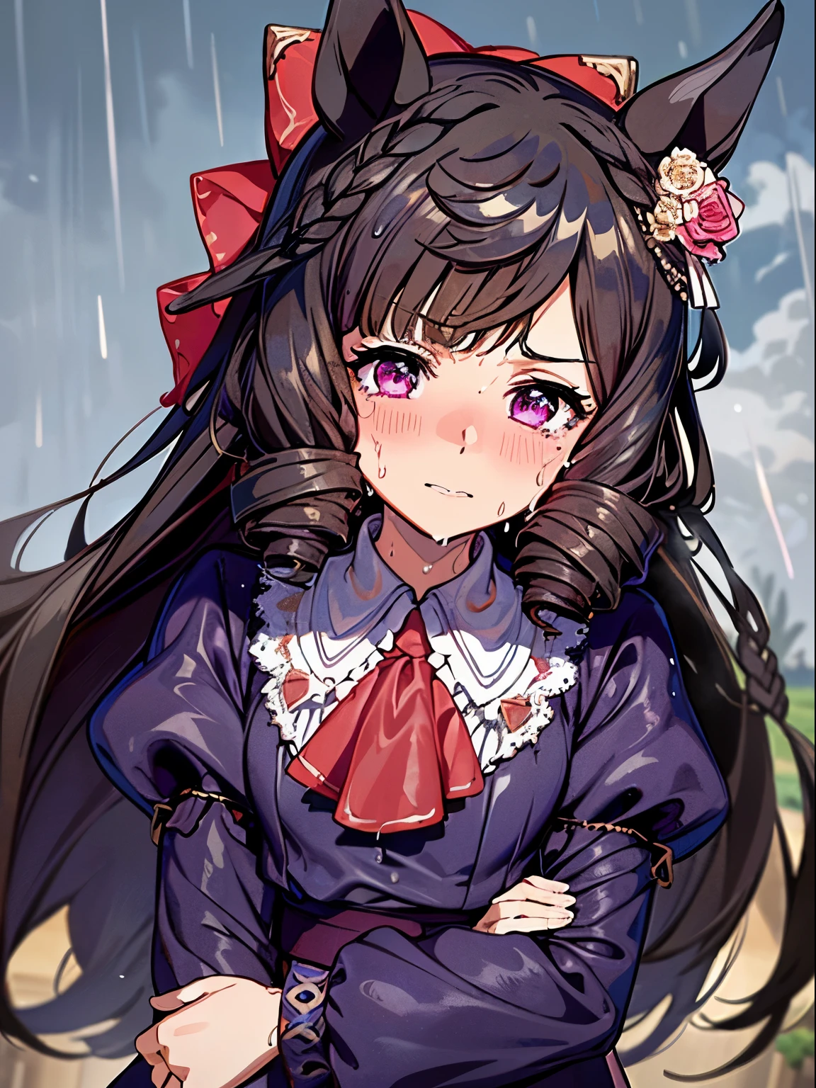 1 girl, Solo, Cute Girl,Best Quality, Ultra-detailed, 8K, High resolution, detailed face, madeon, horse ears, purple dress, puffy sleeves, long sleeves, ascot, ((sweat, wet hair, wet clothes)), in the rain,