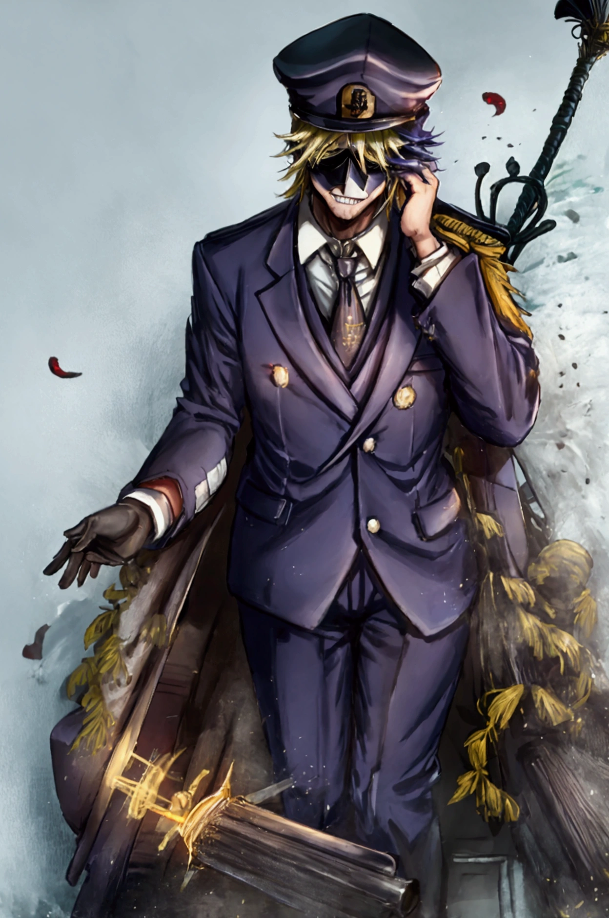 Male, Fatui Harbinger, age 25, military uniform, suits, ties, classic, with bowler hat, wear half mask cover his upper face. Riddler, wide grin. Holding a cane.