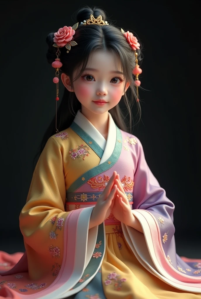 Alafeld Asian girl in pink dress sitting on the ground with her hands folded, Palace ， A girl in Hanfu, Guviz, Chinese girl, Very cute and childlike, cute cute, Cute Pocelain doll, Guviz-style artwork, lovely digital painting, Cute and lovely, Hanfu, beautiful pink little girl