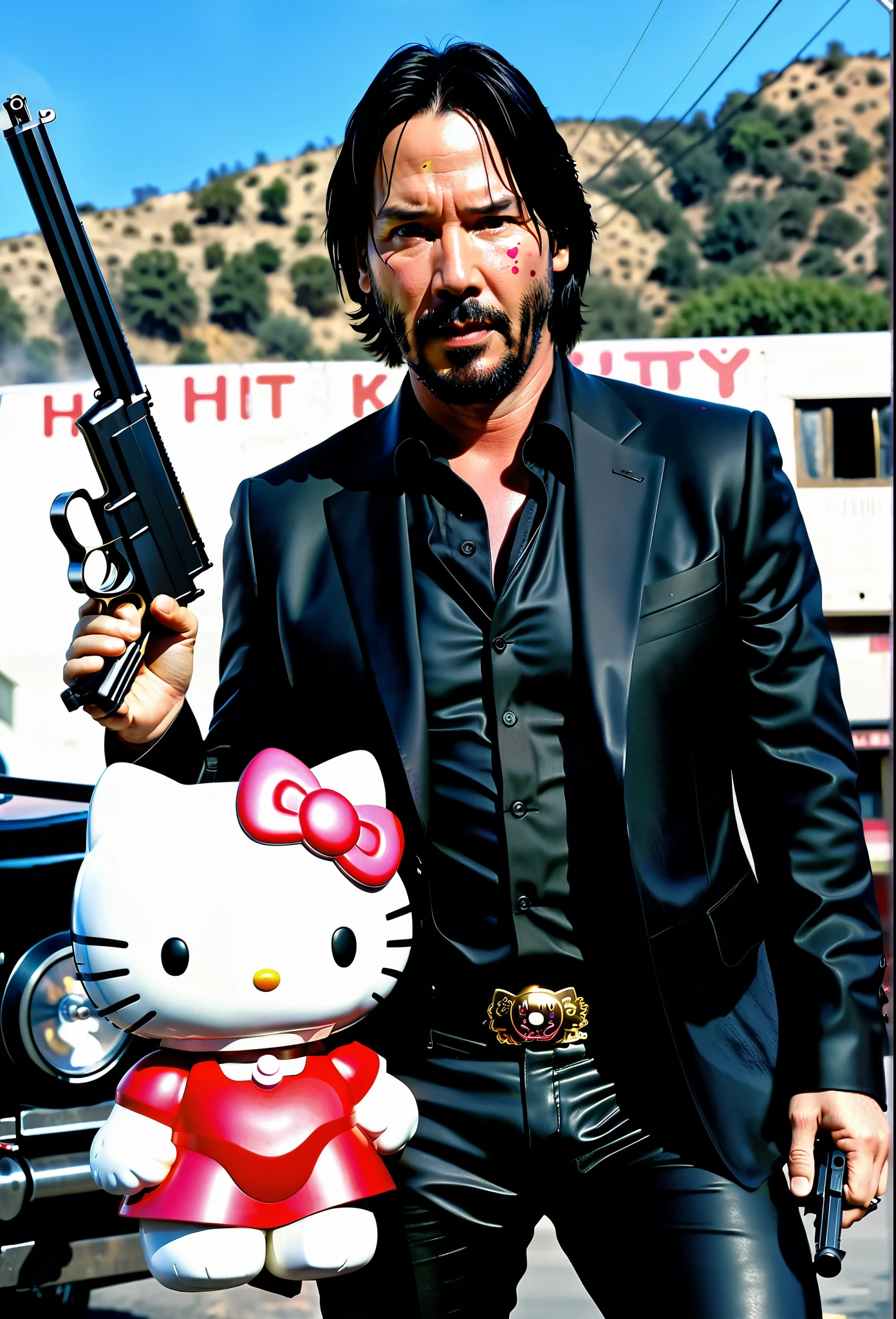 Keanu Reeves in a gunfight with Hello Kitty