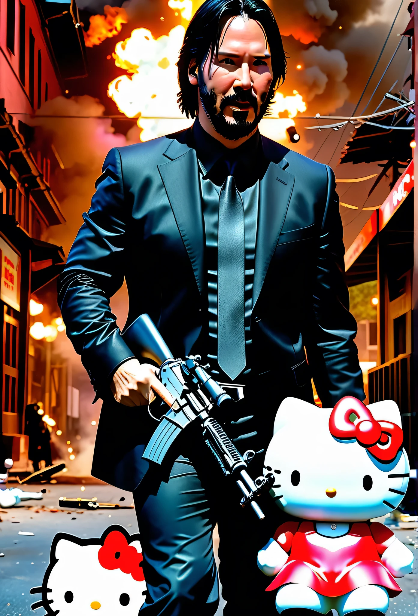 Keanu Reeves in a gunfight with Hello Kitty