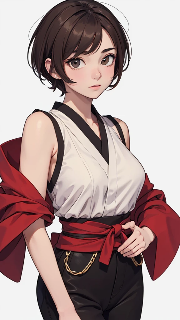 (((masterpiece, best quality, ultra highres, 1 girl, solo, no background))), super detailed skin and face and eyes and finger, beautiful japanese woman, small breasts:1.5, skinny, light brown hair, very short hair,pixie haircut, cowboy shot, white background, 2D anime, boyish, expressionless, Various clothes, Various poses, Please draw the entire character within the frame, ensuring that the head, arms and legs are not cut off, with the character positioned centrally, nipple dots,