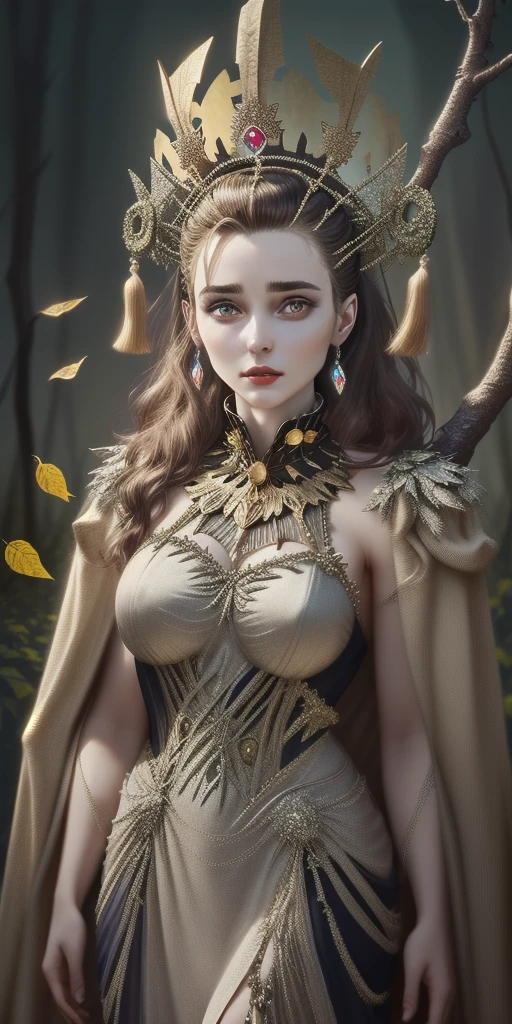 sl4v1ccr0wncr33p,  an attractive woman, solo, breasts, hair slicked back, slender, fashion model, crown,tassels, facing viewer,, friendly, solo, wearing giant crown, gem-encrusted, twigs, leaves, gorget, ruff, embellished gown, dark gothic, realistic, analog,
 bl4ckf0r3, black band across eyes, black forehead