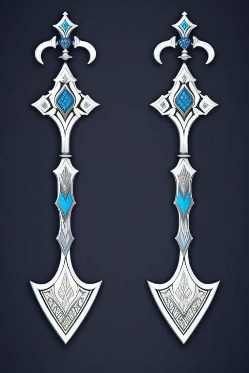 Dual swords, one has to be blue with a white hilt and blue details and the other sword has to be black with white details on the sword blade, and the black hilt. 