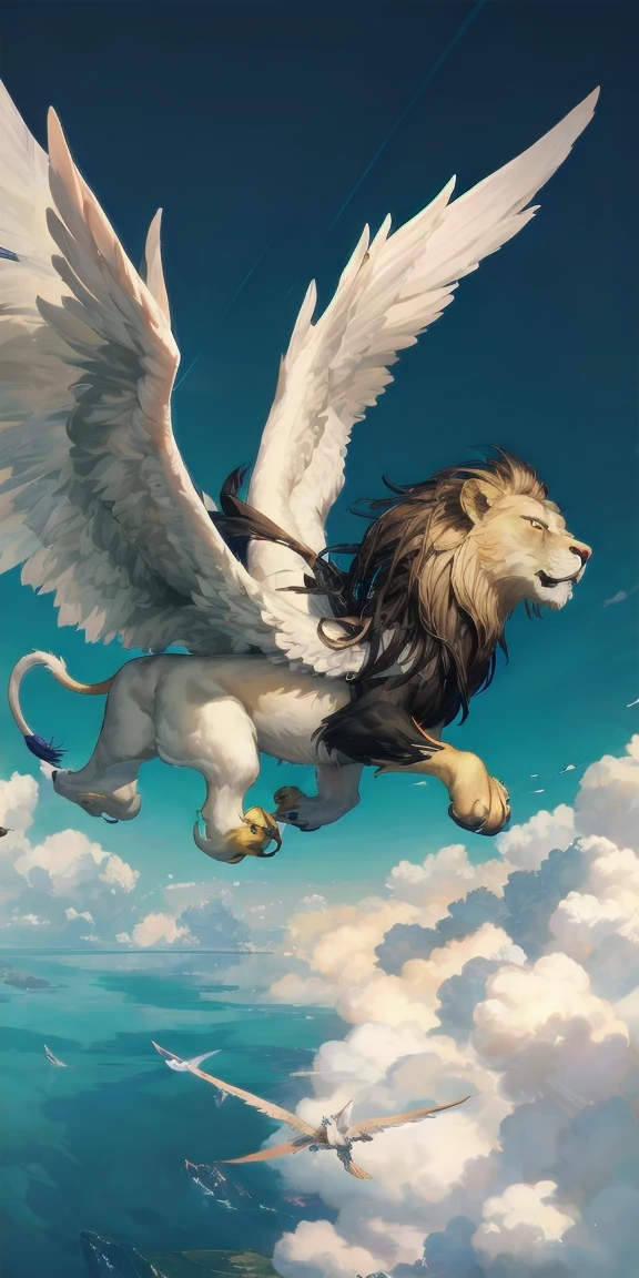 (aerial view),dynamic angle,ultra detailed, illustration, close up, straight, tap, mythological creatures, majestic, Powerful wings, lion&#39;s body, eagle head, feroz gaze, sharp claws, feat, golden beak, large size, flying, mountains, cloudy sky, Ancient ruins, fantasy kingdom, mythological paisaje, epic, magical, mythological creatures, mythological beasts, feroz, mythical monsters,rz-passage