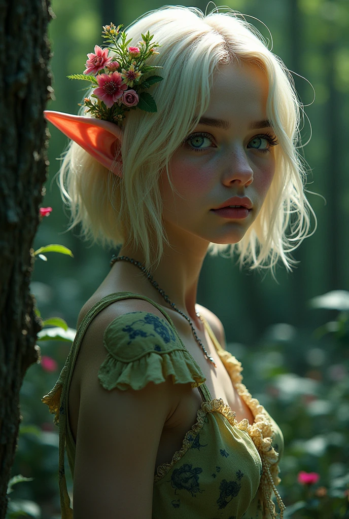 (better quality, masterpiece, Colorful, Dynamic angle, mais detailed) upper body photo, full length photo, 8k unity beautiful wallpaper fashion photography, ultra detailed, beautiful and aesthetically pleasing, (fotorRealist: 1.4), (1 ), green eyes, blonde, hair ornament, short hair, blush, dynamic pose, Dynamic angle, pomade, Slim, corpo Slim, A very wild shot, on open air, fundo detailed, Realist, One, rosto detailed perfeito, mischievous face, olhos detaileds, altamente detailed, ( (fantasy forest)), ((small flowers around)), ((dark night)), ((darkness)), elf ears, Absolutely not, short hair, perfect bobtail, Absolutely not, Magic flowers, ((Little Moon) ), (complex parts, hiperdetailed:1.15), detailed, moonlight passes through hair, (Official art, extremamente detailed, mais detailed), Side,
