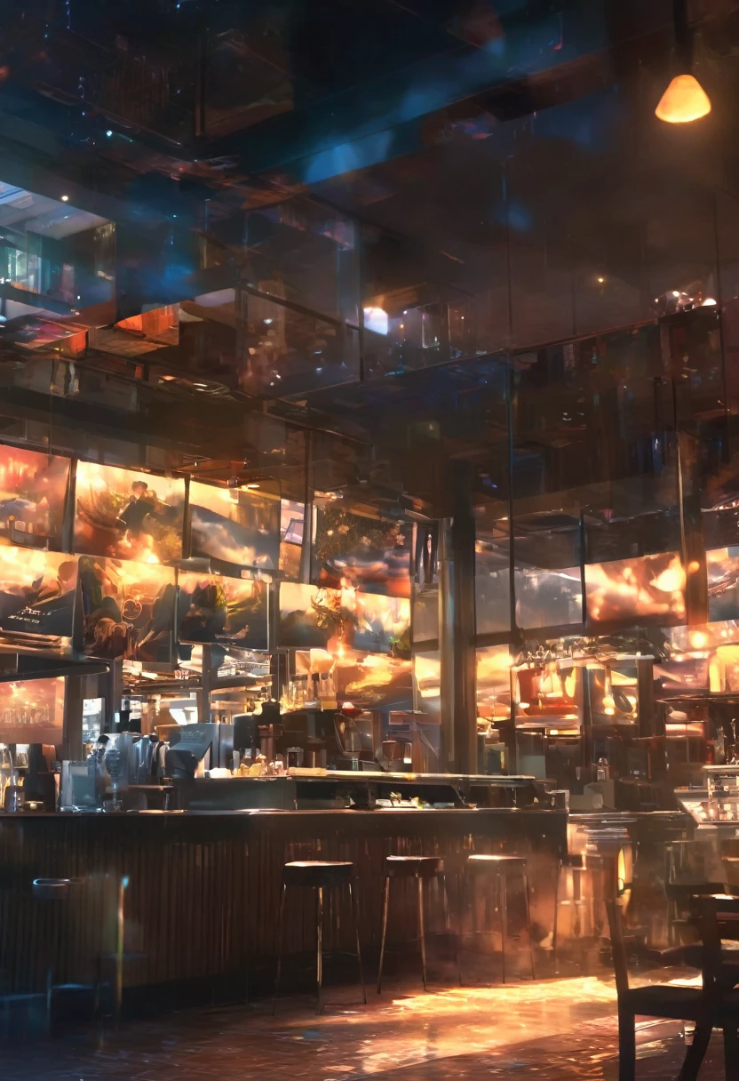 masterpiece, Concept Art, break, 1 handsome man, coffee shop,  atmospheric perspective, anime style, chromatic aberration, cinematic lighting, reflection light, 8K, super detail, best quality, uhd, high details, textured skin