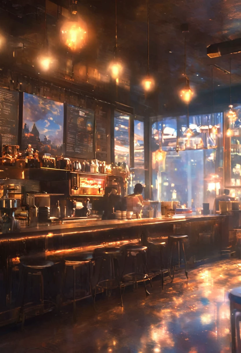 masterpiece, Concept Art, break, 1 handsome man, coffee shop,  atmospheric perspective, anime style, chromatic aberration, cinematic lighting, reflection light, 8K, super detail, best quality, uhd, high details, textured skin