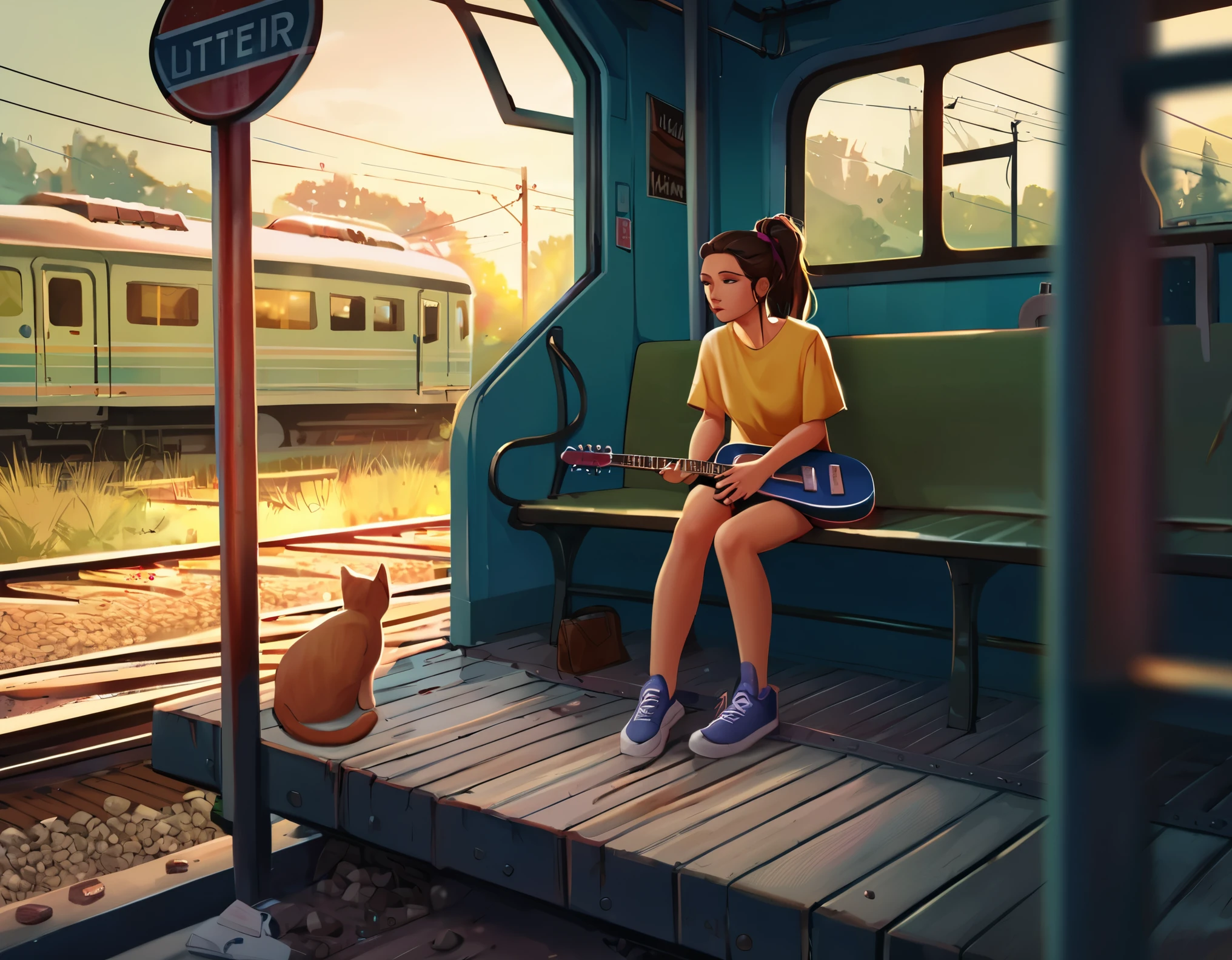 score_9, score_8_up, score_7_up, score_6_up, score_5_up, score_4_up, By Samara03, A girl sitting on a bench in an abandoned train station holding a guitar, wearing a T-yellow shirt with a pink kitty stamp on it, brown hair in a ponytail grainy texture, warm lighting, dramatic slanted lighting, afternoon, plants everywhere, cat sitting in the rubble, slice of life aeshthetic, wallpaper, 4k resolution, use of golden ratio, green and golden color scheme with blue undertones.