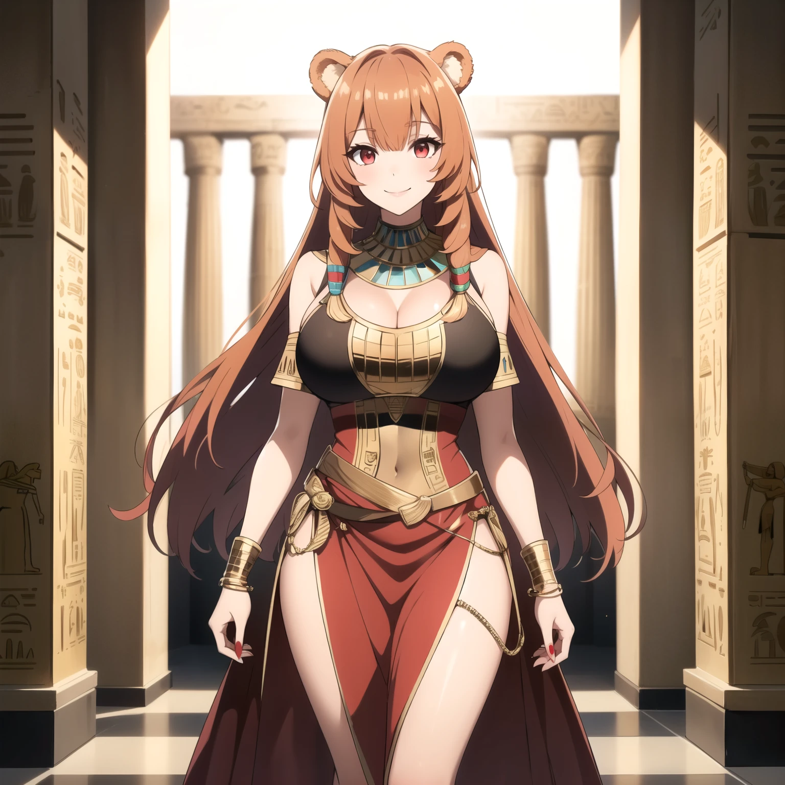 Raphtalia woman ,bright orange hair , bear ears, red eyes like rubies, big breasts, smile, looking at the viewer, Egyptian revealing low cut dress, neckline, red and gold egyptian dress, gold accessories, background an Egyptian temple decorated with statues.