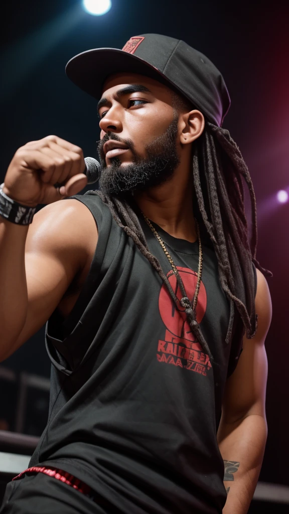 rappers in rhyme battles , nightclub. young man with long ninja style hair and beard, light pearly skin