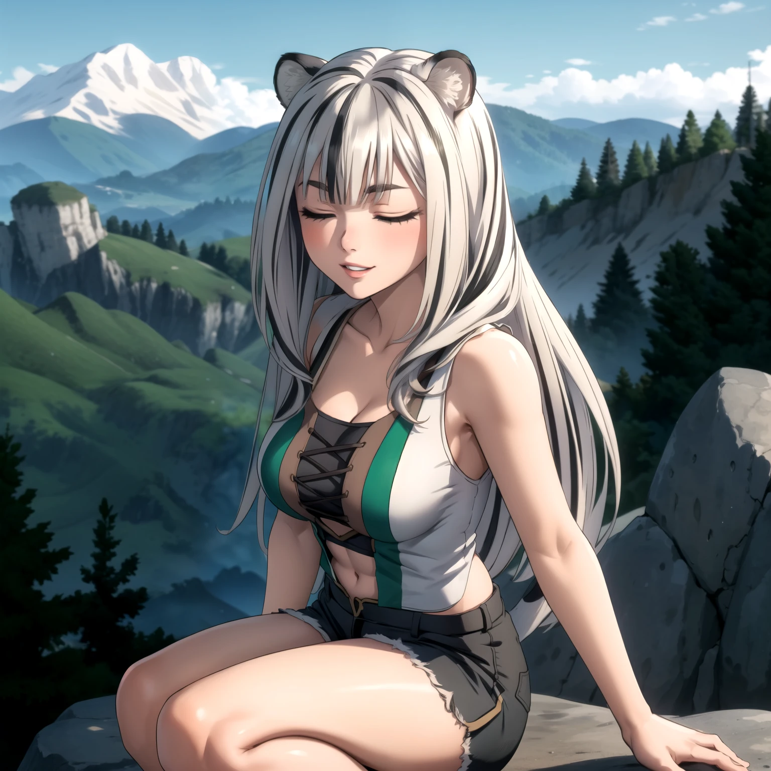 Atlas Fayon woman 40 years, white hair with black stripes ,white tiger ears, Closed eyes, mujer ciega con Closed eyes, green sleeveless low cut tops, big breasts, Green and black low-cut shorts, mountains background. sonrisa, pecho grande.