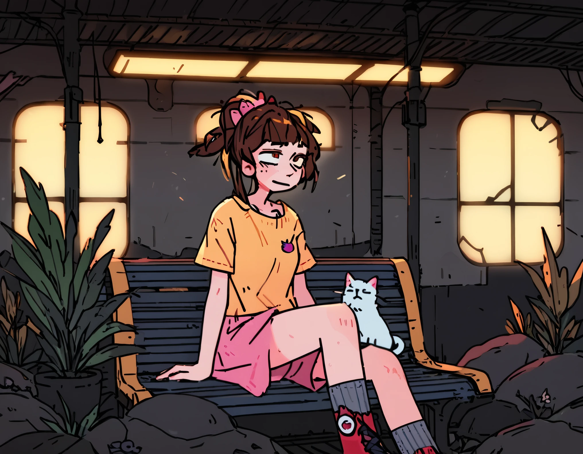 score_9, score_8_up, score_7_up, score_6_up, score_5_up, score_4_up, By Samara03, A girl sitting on a bench in an abandoned train station holding a guitar, wearing a T-yellow shirt with a pink kitty stamp on it, brown hair in a ponytail grainy texture, warm lighting, dramatic slanted lighting, afternoon, plants everywhere, cat sitting in the rubble, slice of life aeshthetic, wallpaper, 4k resolution, use of golden ratio, green and golden color scheme with blue undertones.