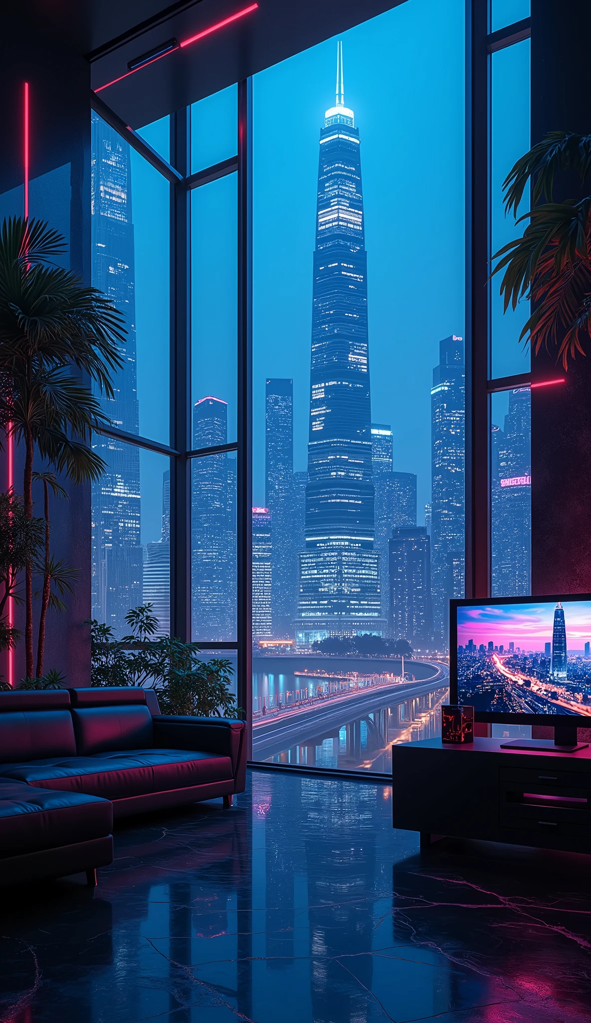 A fantastic urban landscape using blue, black, purple and wine red、Neon color、skyscraper、Monitors are placed vertically、Stylish room、Black and blue dim room、Neon color、High resolution, Highest quality, masterpiece, Widescreen, detail, High detail, High-resolution model, clair obscur, Realism, Surrealism, 