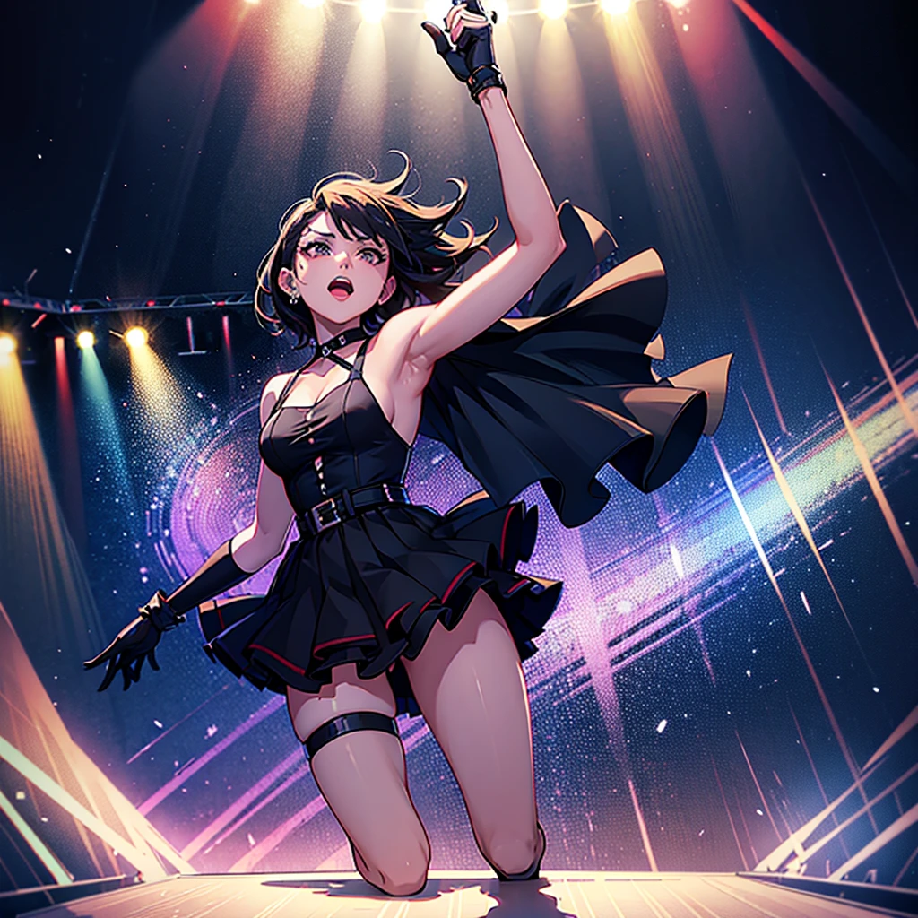 An energetic performer on stage, Singing passionately while holding a microphone. Wearing a short, low-cut T-shirt dress with black straps and thigh-high accessories, adding an avant-garde touch. The background features a vibrant concert stage with bright spotlights and stage equipment, creating an intense and lively atmosphere 