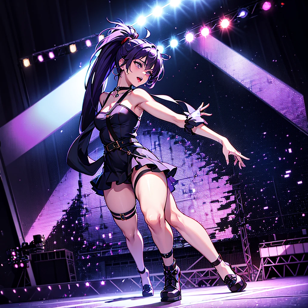 An energetic performer on stage, Singing passionately while holding a microphone. She has purple hair. Wearing a short, low-cut T-shirt dress with black straps and thigh-high accessories, adding an avant-garde touch. The background features a vibrant concert stage with bright spotlights and stage equipment, creating an intense and lively atmosphere 