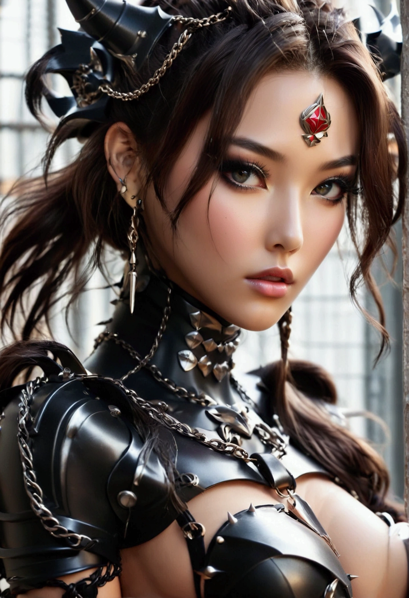 Create an image of the most stunningly gorgeous beautiful kijin, Stunningly gorgeous perfect face,  perfect makeup, detailed perfect silky smooth skin texture, detailed hour glass body figure, very long styled hair,  (matte black chain kijin armor spiked), ((underboob))), 