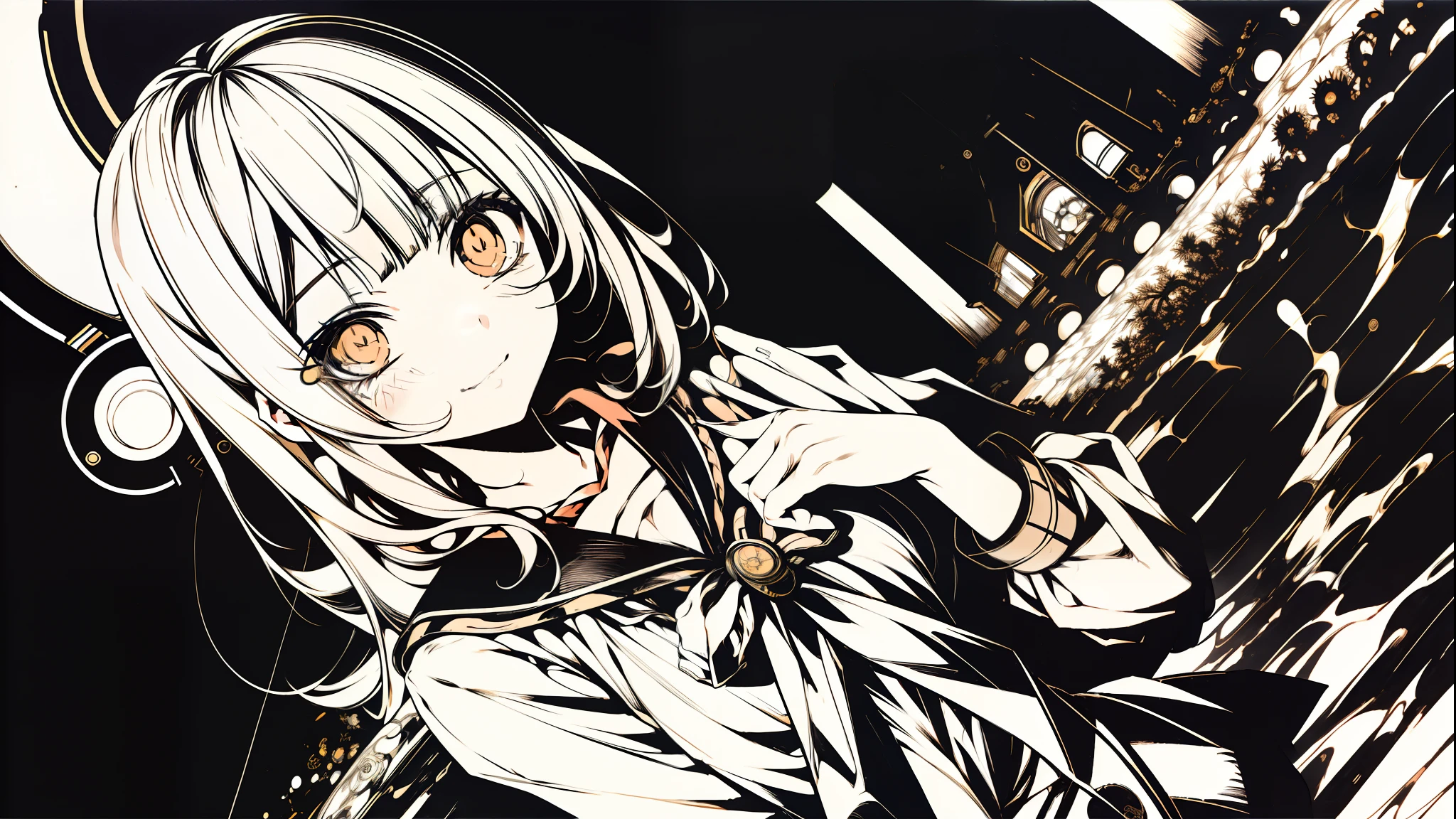胸に手を当てる、reaching out 、from below、ショートヘア、blunt bangs、輪っかの目、オレンジ色の瞳、v5lcn style,(Best Quality,masutepiece:1.2),(Anime style,Comic Noir Style:1.1),1girl in,cute-style,Adorable,extremely detailed eye,extra detailed face,very detail hair,8K,resolution,High School Girl,Sailor Uniform