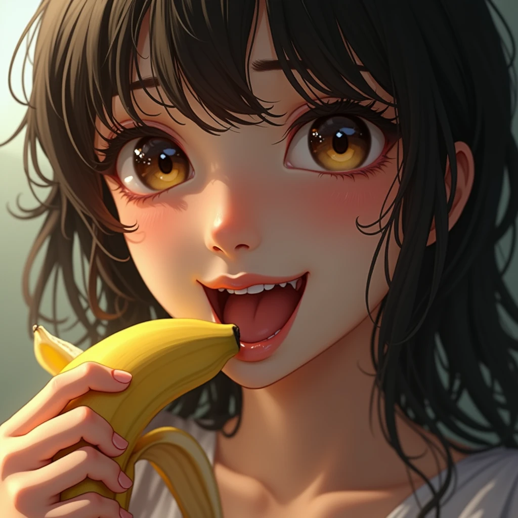 Sucking a big banana,One girl, Blushing, Drooling, Slanted Eyes, Frowning, 