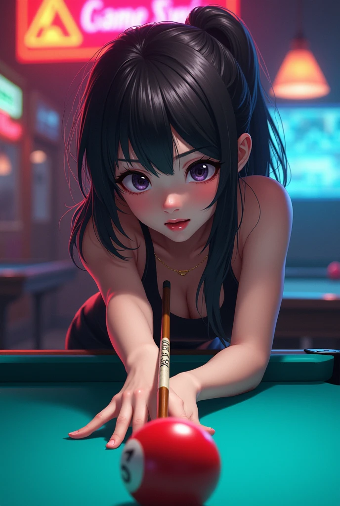 Japanese Woman playing billiards Big Breasts underwear Glasses