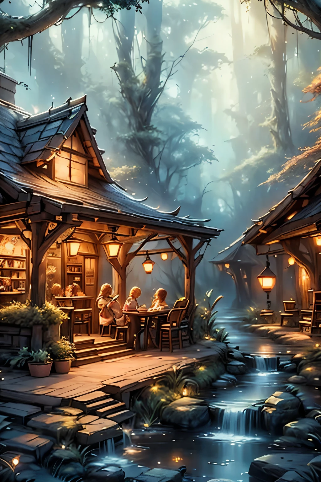 bets quality, masterpiece, highly detailed, fairies coffee shop, fairies drinking coffee, fantasy art style, coffee shop at the woods, woods at night, glowing lanterns 