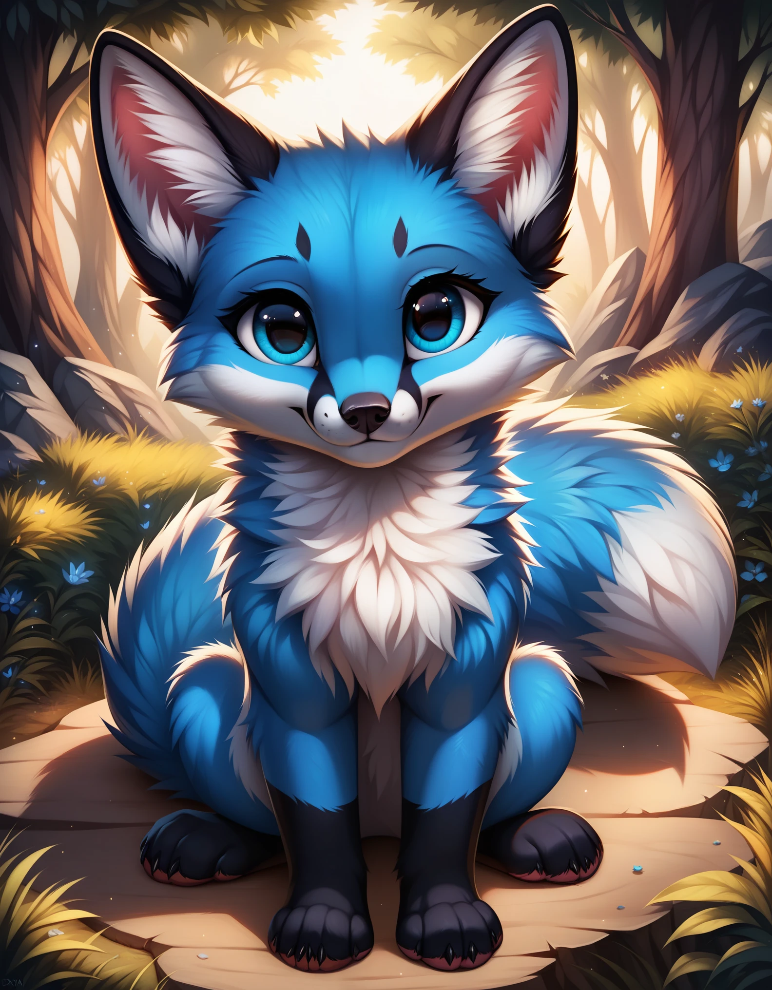 score_9, blue fox, feral, looking at you, sitting, detailed, beautiful, cute, hnnng, daaaaaaaaaaaw, weapons-grade cute, (fluffy:0.5), chest (fluff:0.5), ear (fluff:0.5), cheek (fluff:0.5), fur,