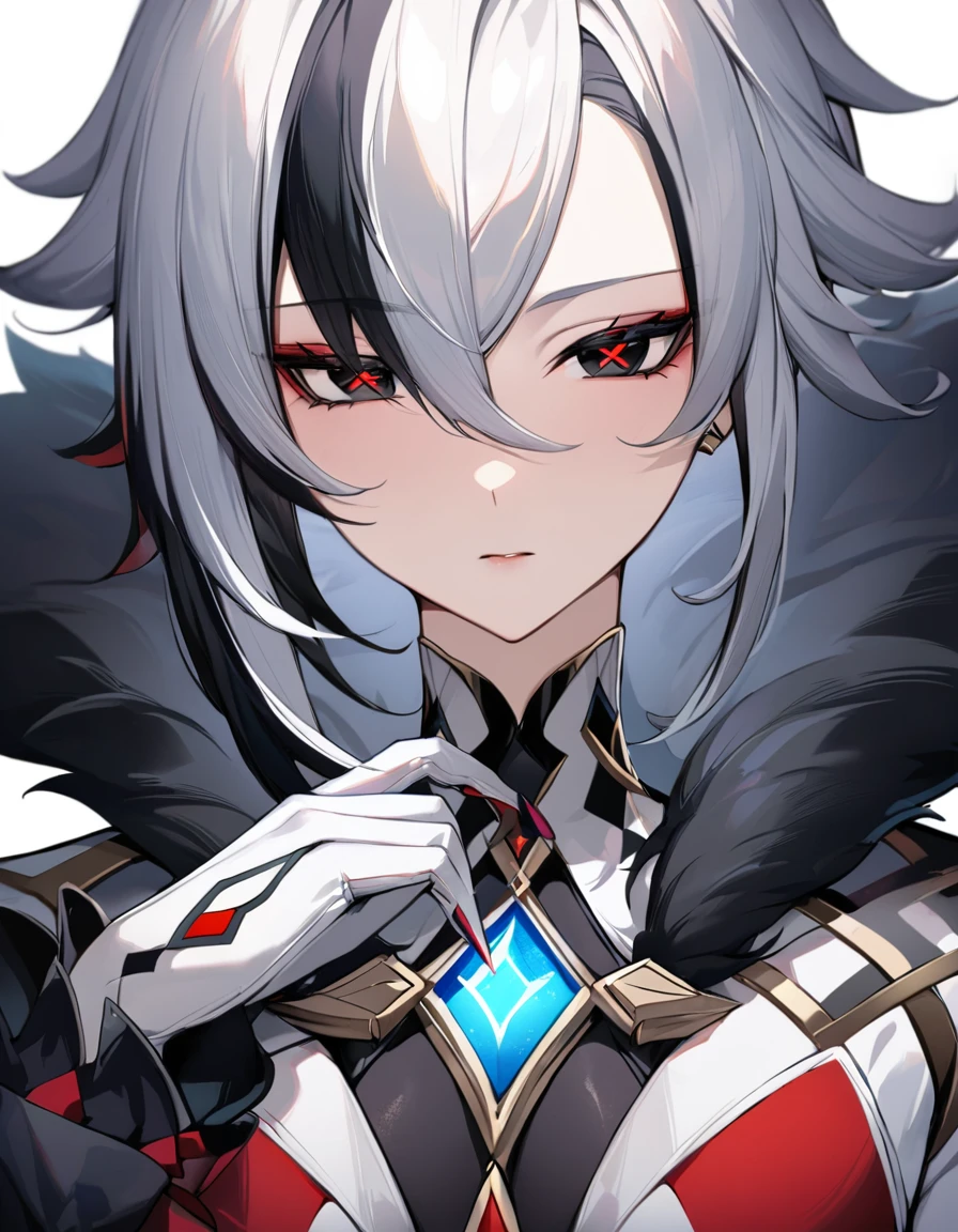 harlequin_\(genshin_impact\), ,x-shaped pupils,black eyes,red pupils,long_sleeves,fur-trimmed_coat、White background、Are standing、Glowing Eyes、masterpiece、Highest quality、Detailed depiction、Perfect lighting、Glossy skin、Half-closed eyes、Upper Body