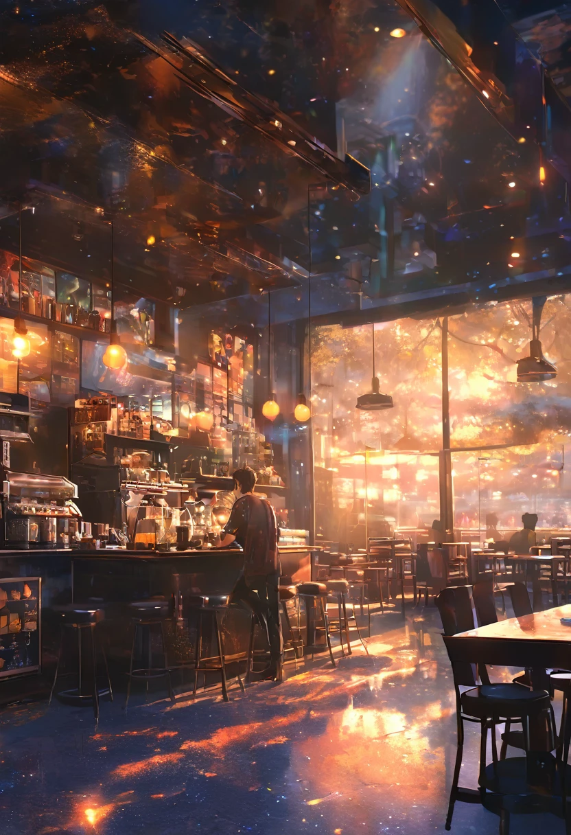 masterpiece, Concept Art, break, ung man, coffee shop,  atmospheric perspective, anime style, chromatic aberration, cinematic lighting, reflection light, 8K, super detail, best quality, uhd, high details, textured skin